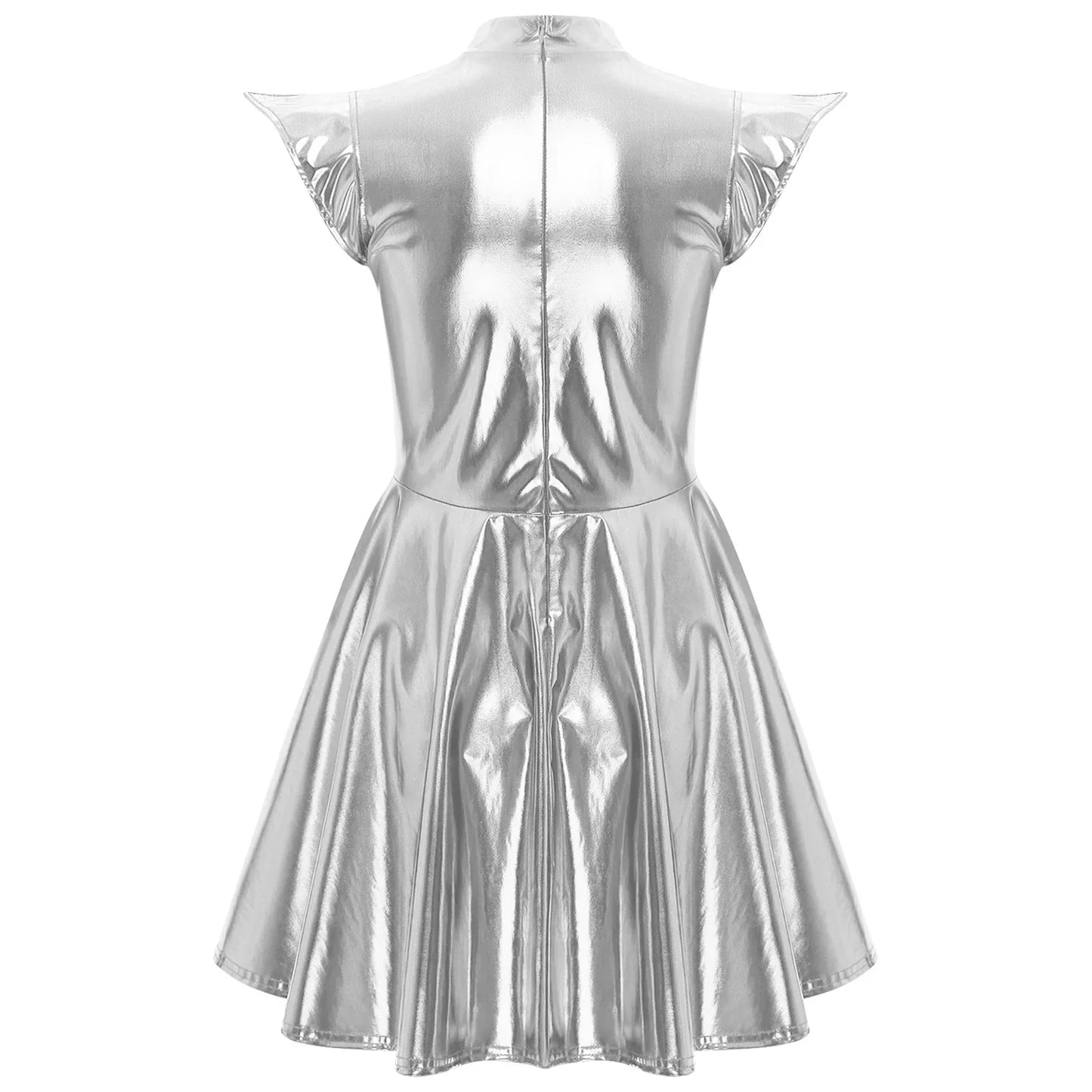 Womens Cocktail Dress Shiny Metallic Dress Alien Space Cap Sleeve High Waist A-line Dress for Halloween Party High Street Dress