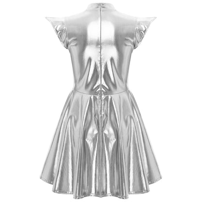 Womens Cocktail Dress Shiny Metallic Dress Alien Space Cap Sleeve High Waist A-line Dress for Halloween Party High Street Dress