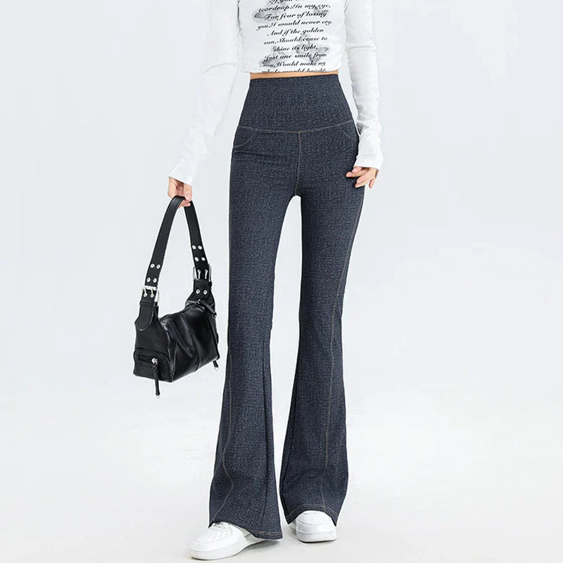 Flared Leggings Pants High Waist Pocket Stretch