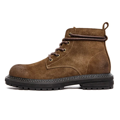 Men Vintage Split Suede Fleece-lined Boots Brown High-Top Work Boots Lace-Up Desert Ankle Rugged Sole Boots Outdoor Shoes