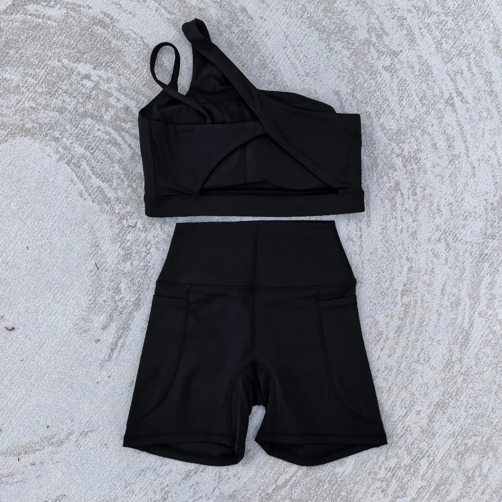 Women's 2 PCS Sports Yoga Set Sexy Sport Bra High Waist Sports Pocket Shorts Gym Fitness Sleeveless Workout Suit Sporstwear