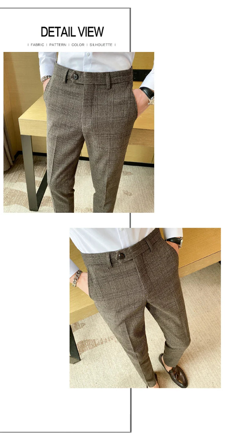 Boutique Classic Plaid and Striped Fashion Men's Casual Business Slim Suit Pants Groom Wedding Dress Trousers Party