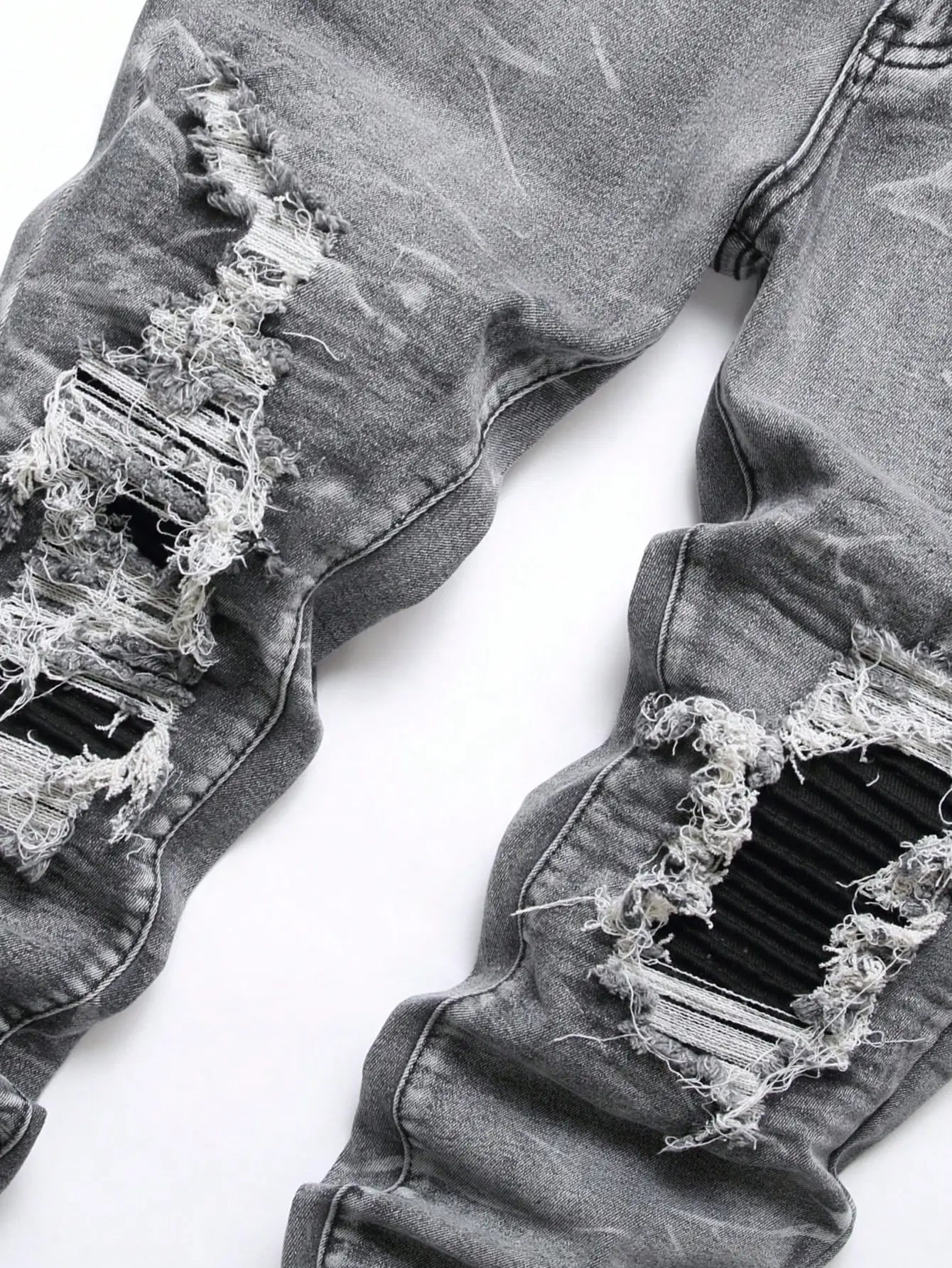 Calça Jeans Masculina Elástica Streetwear Rasgada Patchwork com Furos Calça Casual com Elástico na Cintura Jeans Destruído Slim Reta