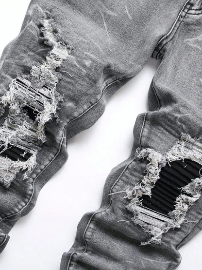 Calça Jeans Masculina Elástica Streetwear Rasgada Patchwork com Furos Calça Casual com Elástico na Cintura Jeans Destruído Slim Reta