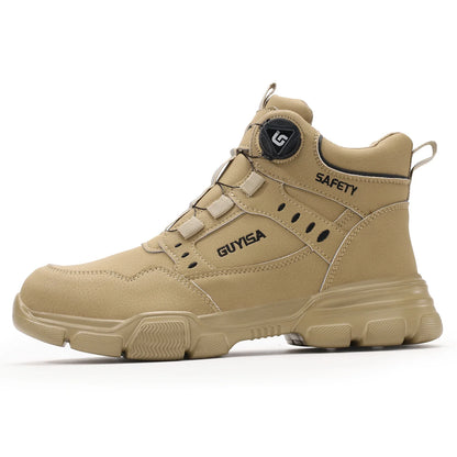Men's Steel Head Work Shoes Anti Smash and Anti stab Khaki High Top Intelligent Buckle Simple Fashion Industrial Style Pr