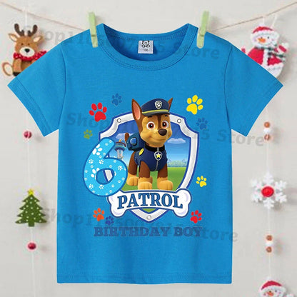 Paw Patrol Blue T-shirts for Boys Anime Cartoon Cute Birthday Clothing Children Summer Fashion Short Sleeved Shirt Kids Clothes