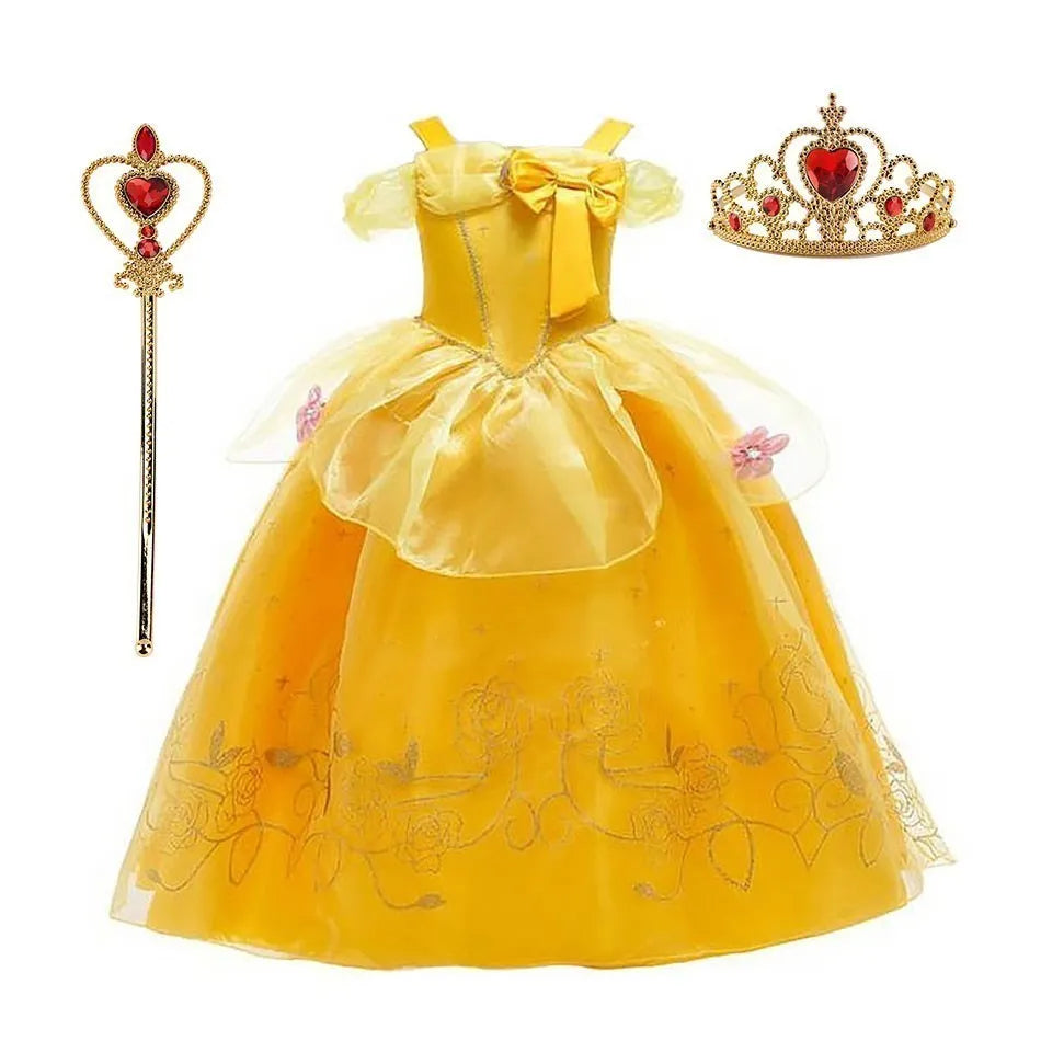 Girl Princess Dress Beauty And Beast Cosplay Costume Belle Praty Yellow Luxury Wedding Ball Gown Kid Carvinal Fancy Clothes