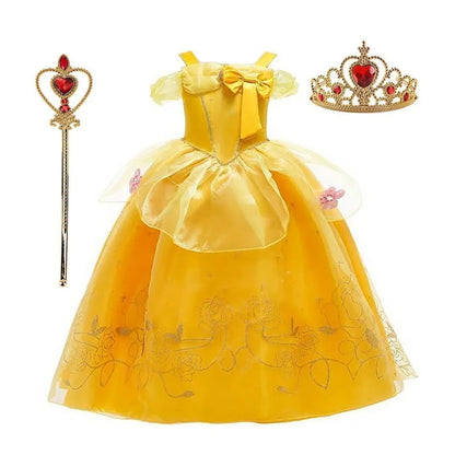 Girl Princess Dress Beauty And Beast Cosplay Costume Belle Praty Yellow Luxury Wedding Ball Gown Kid Carvinal Fancy Clothes