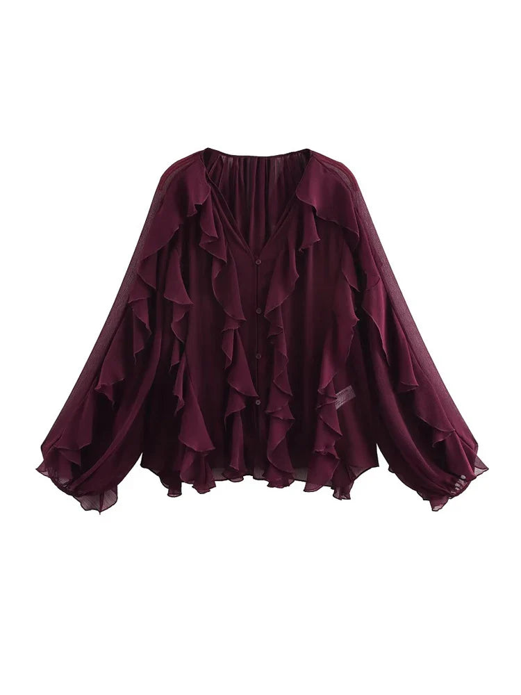 2025 Ruffle Blouses for Women Semi Sheer Shirts and Blouses Woman Summer Casual Blouses Woman Fashion Tops Womens Blouses