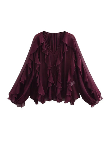 2025 Ruffle Blouses for Women Semi Sheer Shirts and Blouses Woman Summer Casual Blouses Woman Fashion Tops Womens Blouses