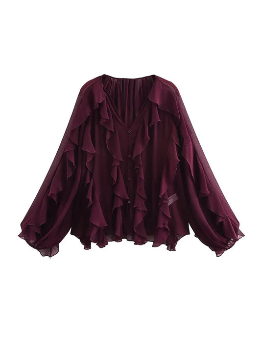 2025 Ruffle Blouses for Women Semi Sheer Shirts and Blouses Woman Summer Casual Blouses Woman Fashion Tops Womens Blouses