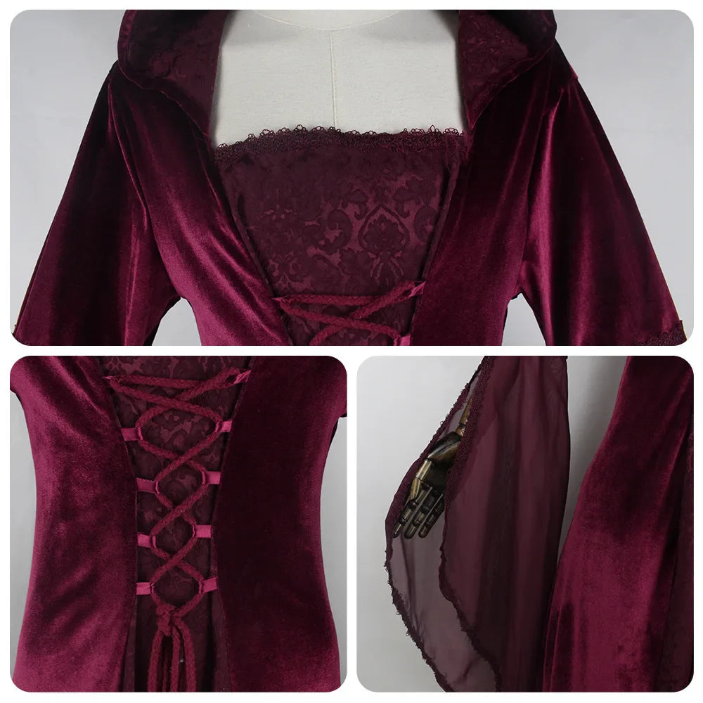 Women's medieval retro style wedding dress 8-color hooded waist dress cosplay