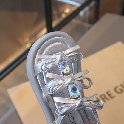 Summer Kids Fashion Hollow-out Roman Sandals Student Water Diamond Bow Sandals Sweet Bowknot Comfortable Elegant Girls Shoes