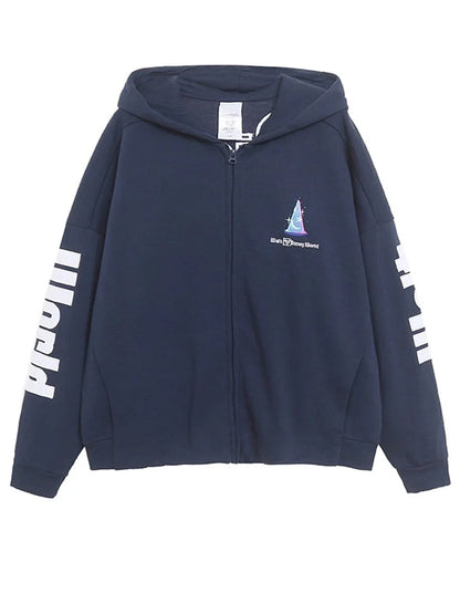 Moletom de Lã Bordado com Estampa de Desenho Animado do Castelo Mundial Letra Mágica Mickey Mouse Feminino com Zíper e Capuz VELUDO Blusa