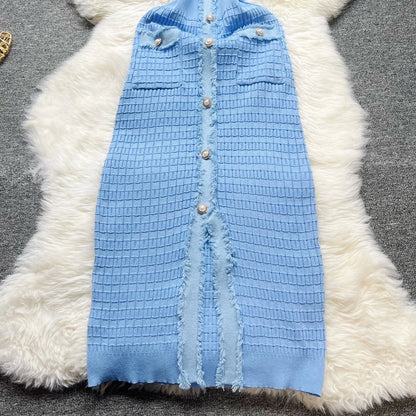 Fashion Sexy Package Hips Knitted Dress Women V-neck Single-breasted Bodycon Sweater Dress Office Lady Vestidos