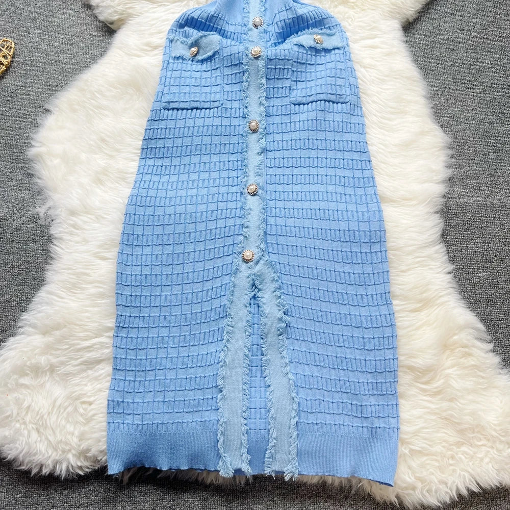 Fashion Sexy Package Hips Knitted Dress Women V-neck Single-breasted Bodycon Sweater Dress Office Lady Vestidos