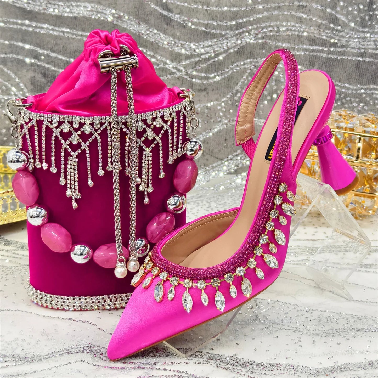 Pointed-Toe High Women Heels Shoes and Bags for Women Rhinestone Evening Party Elegant Luxury Handbag