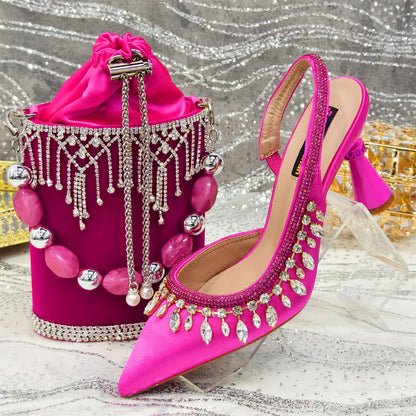 Pointed-Toe High Women Heels Shoes and Bags for Women Rhinestone Evening Party Elegant Luxury Handbag