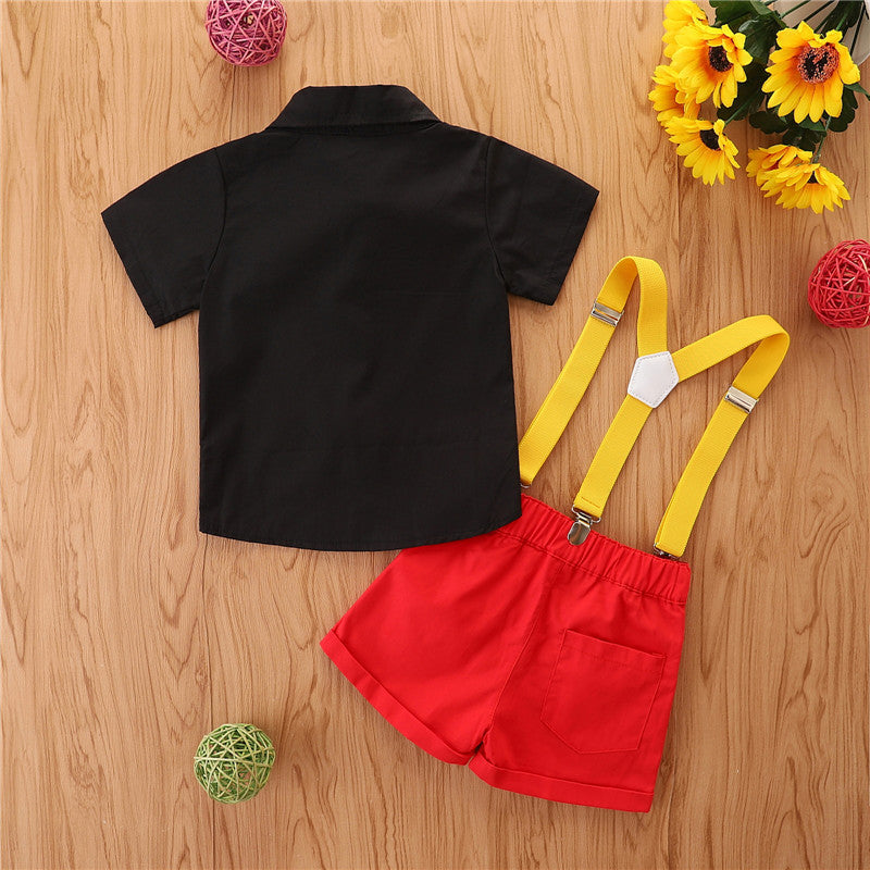 1-5years Toddler Boys Gentleman Suits Summer Short Sleeve Bowtie Lapel Shirt + Bib Shorts Set Kids Boys Summer Casual Sets