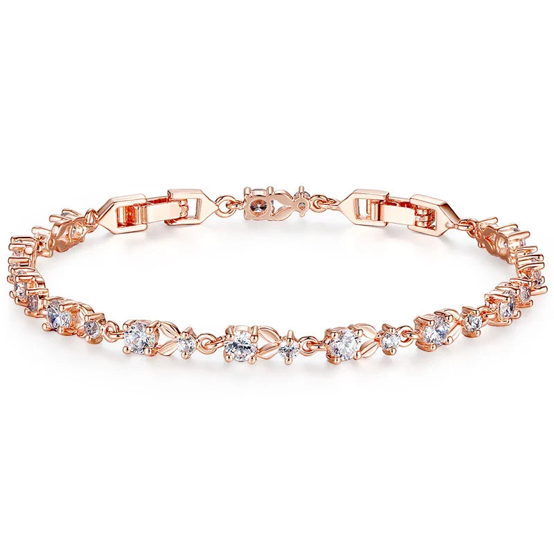Luxury Rose Gold Color Chain Link Bracelet for Women Ladies Shining AAA Cubic Zircon Crystal Jewelry JIB013