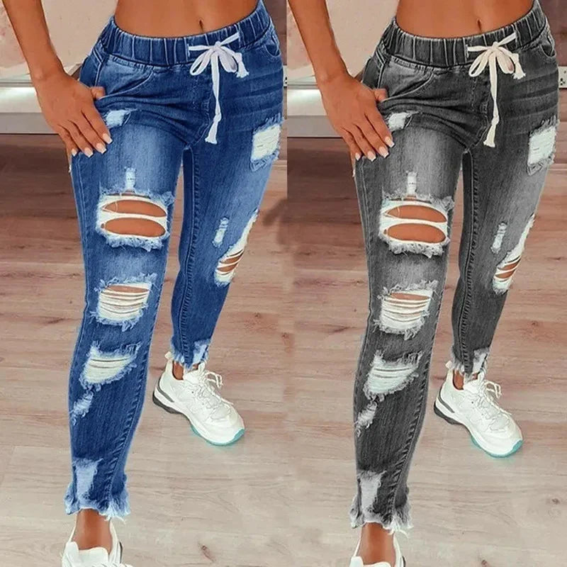 Women Elastic Waist Drawstring Pencil Denim Jeans