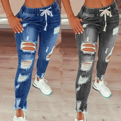 Women Elastic Waist Drawstring Pencil Denim Jeans