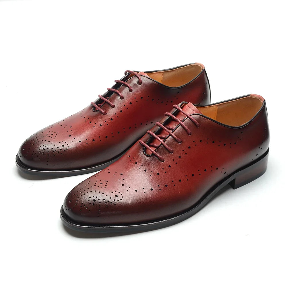 Luxury Genuine Leather Men's Dress Shoes Red/Black Wingtip Oxford Formal Lace-up Brogue Business Man Shoes for Social Wedding