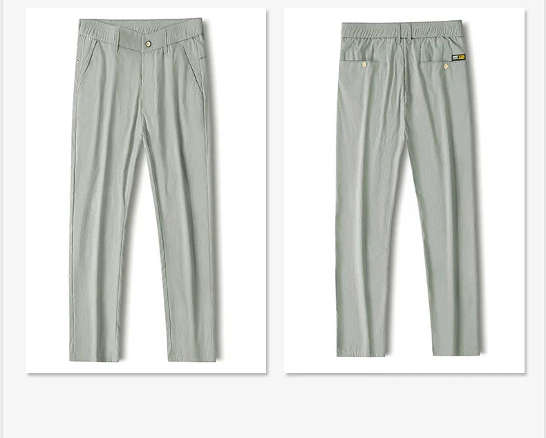 Business Thin Men's Breathable Pants Slim Straight High Elastic Slim Casual Pants Male Brand Clothing Khaki Gray Green Black