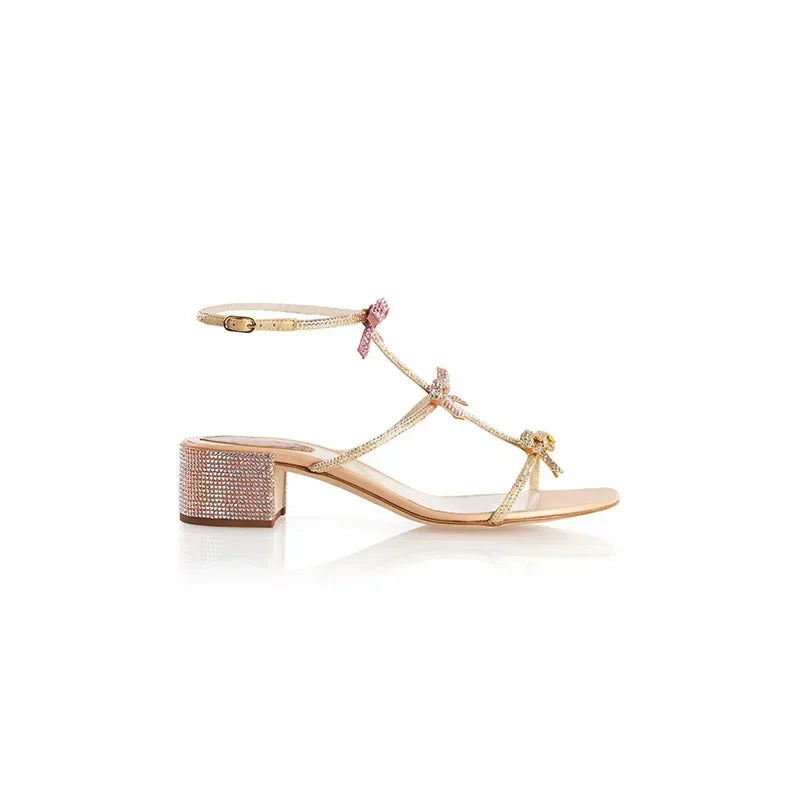 Crystal High-heeled Shoes Female 2025 New Summer Bow Rhinestone Thick Heel Sandals.