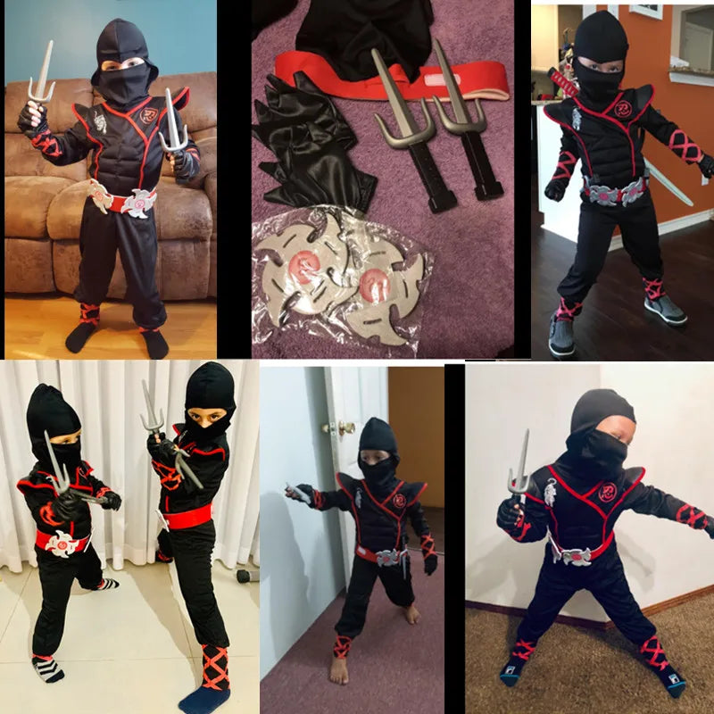 Authentic Kids Ninja Costume Set for Role Play and Cosplay, Ninja Clothes with Hood, Mask, Gloves and Throwing Stars