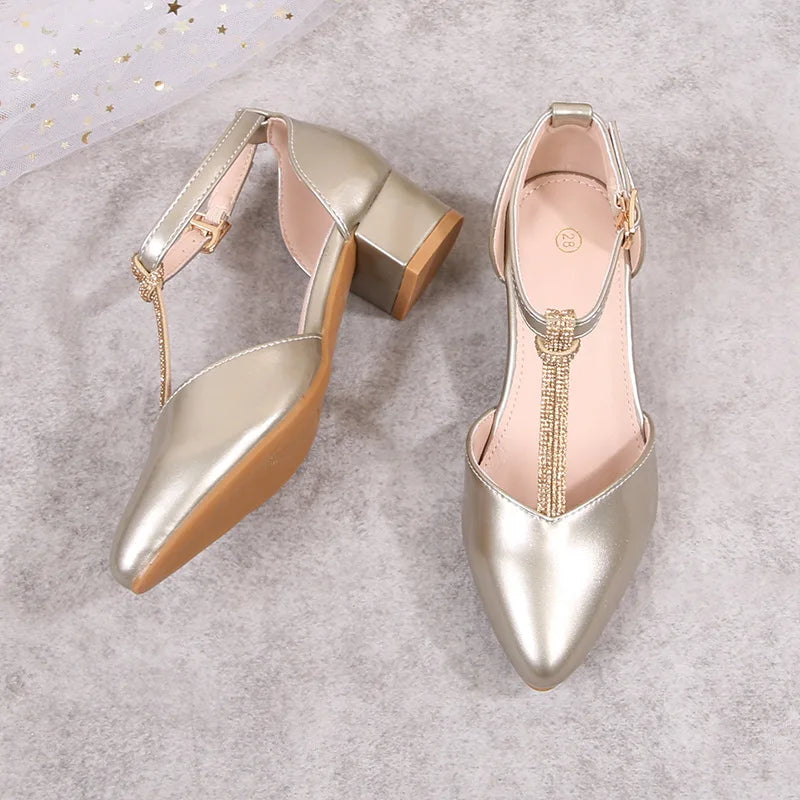 Children's Thick Heel Sandals Summer New Pointed-toe Girls' Crystal Princess Shoes Fashion Children's High-heeled Leather Shoes