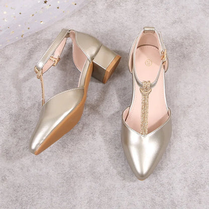 Children's Thick Heel Sandals Summer New Pointed-toe Girls' Crystal Princess Shoes Fashion Children's High-heeled Leather Shoes