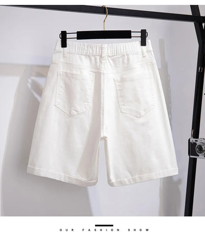 150Kg Plus Size Women's Five-Point Denim Shorts Hip 150 Summer High-Waist Loose Wide Leg Pants Blue Black 5XL 6XL 7XL 8XL 9XL