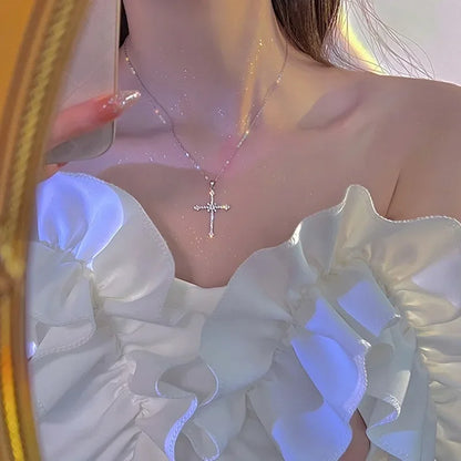 Crystal Cross Pendant Necklace for Women Girls  Shiny Sweet Chain Punk Party Fashion Pendant Fashion Y2K Jewelry Accessories