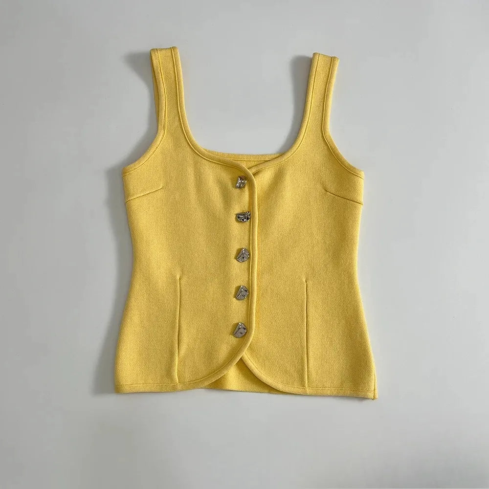 Vintage Casual Chic Yellow Women Cami Tops Solid Single Breasted Sleeveless Vest Fashion 2025 Spring Summer Holiday Tops