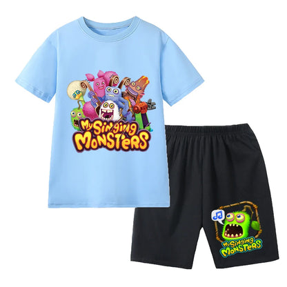 Summer Kids Cartoon Print Sport Clothing Suit Monsters Boys Casual Outfits Children Breathable T Shirt Pocket Shorts 2 Piece Set
