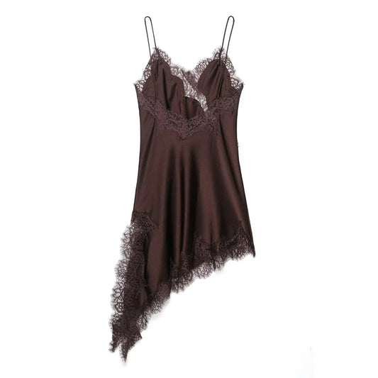 Women Sexy Irregular Lace Dress Fashion V Neck Hem Suspender Long Dresses 2025 New Fashion Party Vestidos