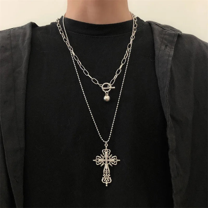 Gothic Big Zircon Cross Necklace Unisex Y2K Irregular Goth Large Cross Pendant Necklaces  for Men Women Couple Necklace Jewelry