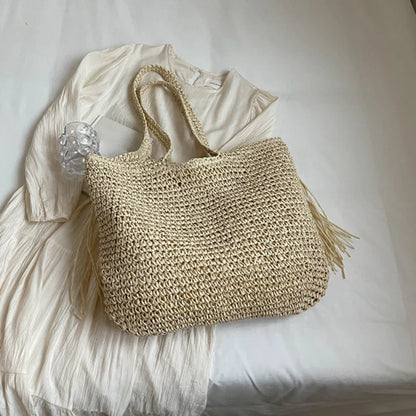 Casual Tassel Woven Women Shoulder Bags Handmade Fringe Lady Handbags Summer Beach Large Tote Bag Shopper Purse for Vacation