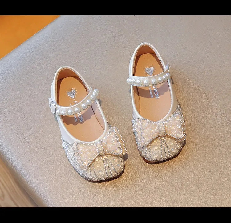 Size 23-34 Silver Bow Cute Princess Flat Shoes for Teenage Girls Casual Low Vamp Student Performance Dance Shoes