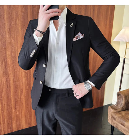 Men's Korean Style Slim Fit Suit Set, High Quality Fabric Solid Color Edge Pressing for Wedding Business