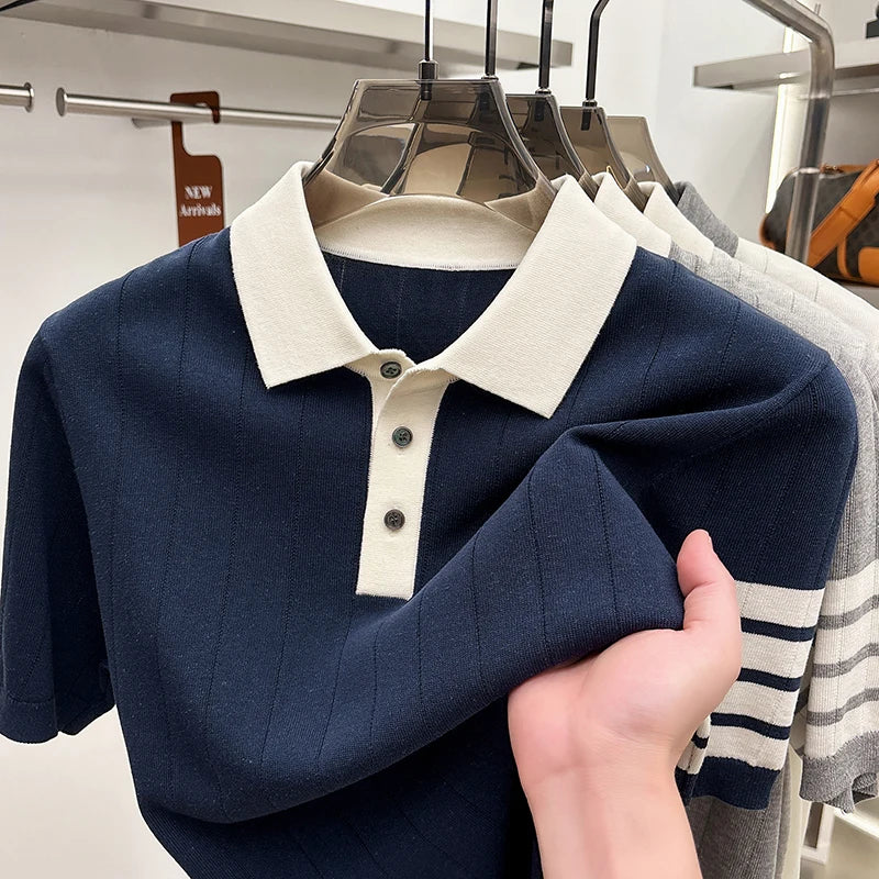 2026 Men's Short Sleeved Polo Shirt with High-end Feel, Summer Thin Design, Knitted Collar, Linen T-shirt As Base
