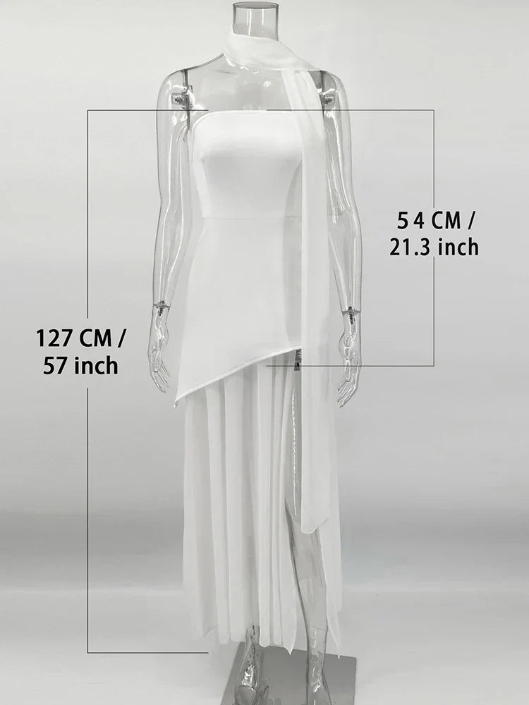 Fashion Strapless Dress With Ribbon Female Elegant Sleeveless Mesh Beach Vacation Long Dress 2025 Spring New Women Dress
