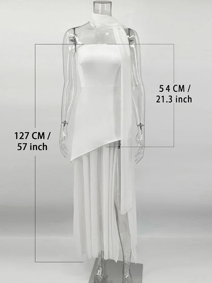 Fashion Strapless Dress With Ribbon Female Elegant Sleeveless Mesh Beach Vacation Long Dress 2025 Spring New Women Dress