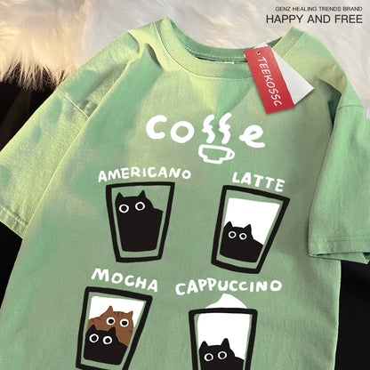 Fun Coffee Cat Japanese Style Men Women T-Shirts Oversize Tshirt Breathable Loose Short Sleeve Tee Clothes Cotton Streetwear