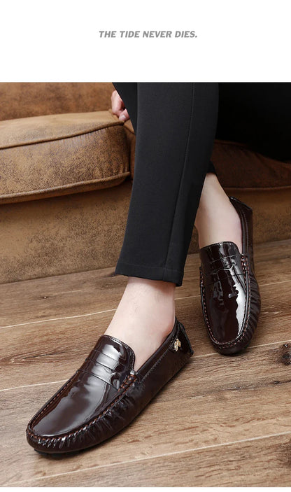 Patent Leather Beanie Shoes Men's New Spring and Summer Large Size Patent Leather Casual British Leather Shoes Women's Slip-On Lazy Casual Shoes Handmade Shoes