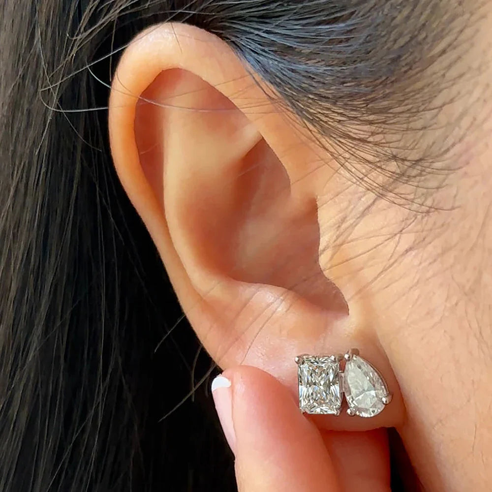 Double Mossanite Stud Earrings for Women Radiant/Pear Cut D Color VVS1 Lab Diamond Ear Studs with Certificate S925 Fine Jewelry