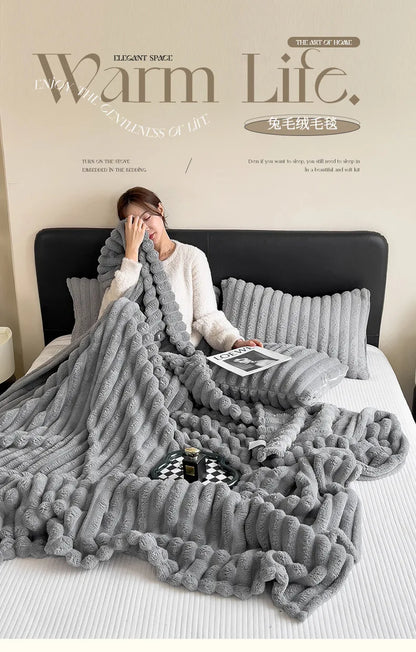 2025 New Rabbit Plush Blanket Draw Stripe Thickened Flannel Blanket Shawl Coral Fleece Sofa Blanket, without Pillowcase
