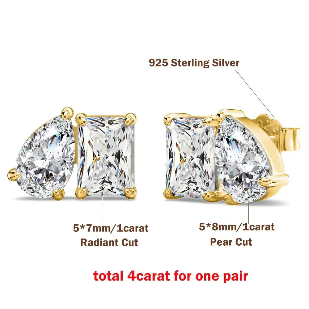 Double Mossanite Stud Earrings for Women Radiant/Pear Cut D Color VVS1 Lab Diamond Ear Studs with Certificate S925 Fine Jewelry