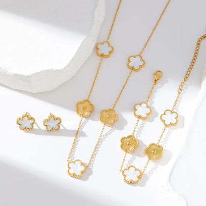 Stainless Steel White Plum Blossom Plant Leaf Flower Set Reversible Necklace Earrings Bracelet Women Clover Jewelry
